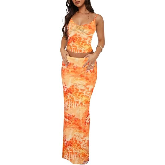 Women Orange Yellow Two Piece Sets Sleeveless Spaghetti Pleated Tank Maxi Skirt